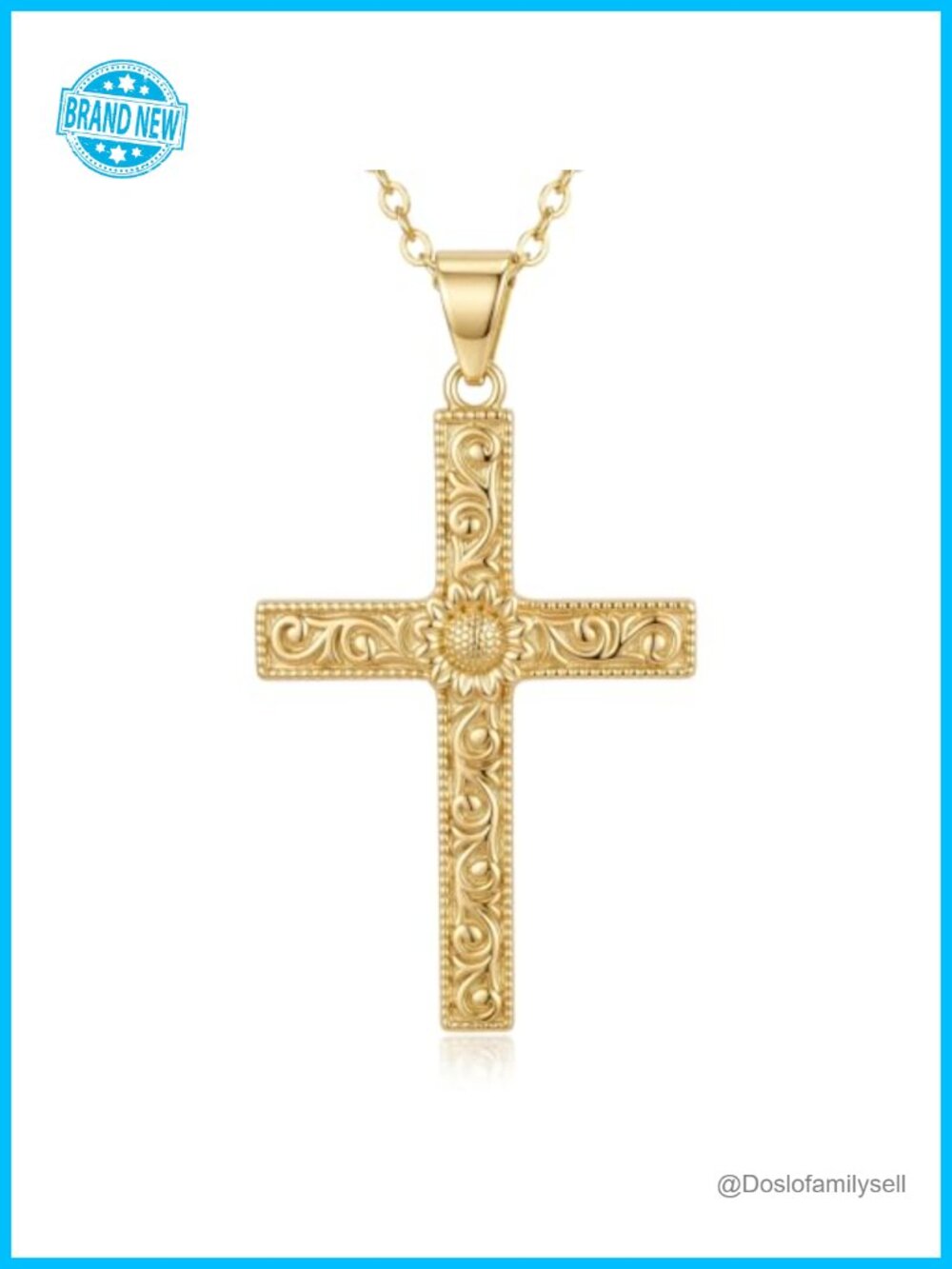 14K Gold Plated Sunflower Cross Pendant Necklace 18+2in Christian Gift